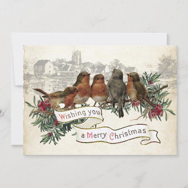 Vintage Robin Merry Christmas Village Evergreen Holiday Card (Front)