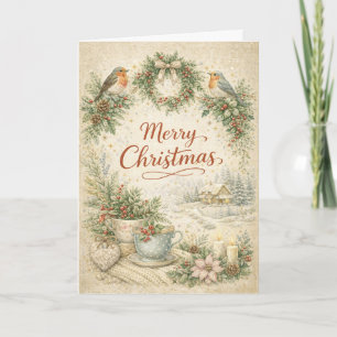 Vintage Robin Wreath Merry Christmas Holiday Card