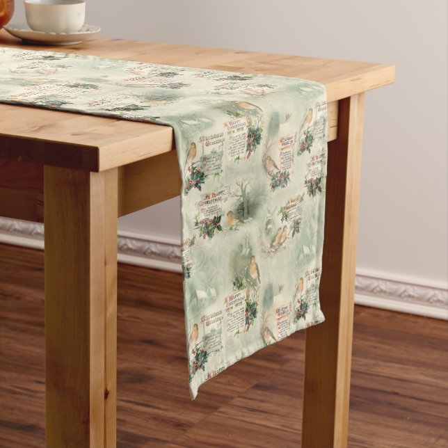Vintage Robins and Christmas Greetings Long Table Runner (In Situ)