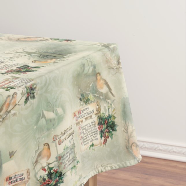 Vintage Robins and Christmas Greetings Tablecloth (In Situ)