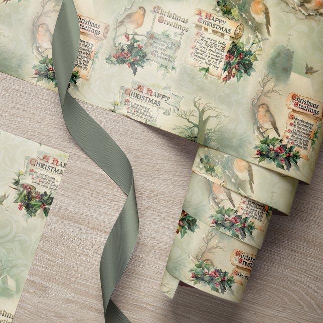 Vintage Robins and Christmas Greetings Wrapping Paper (Creator Uploaded)