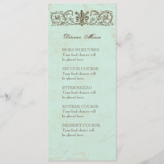 Vintage Robins Egg Blue Crown Swirl Flourish Menu (Front)