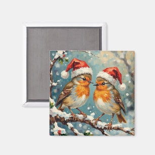 Vintage Robins with Santa Hats on Snowy Branch Magnet