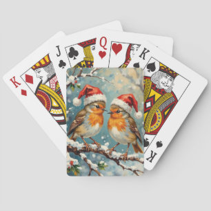 Vintage Robins with Santa Hats on Snowy Branch Playing Cards