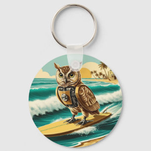 Vintage robot owl surfing on the beach key ring