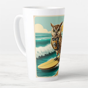 Vintage robot owl surfing on the beach latte mug