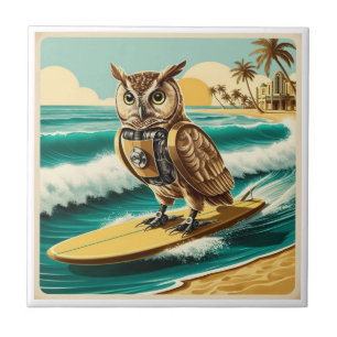 Vintage robot owl surfing on the beach tile