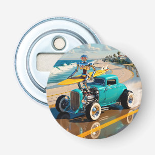 vintage robot with a surfboard , on the beach bottle opener
