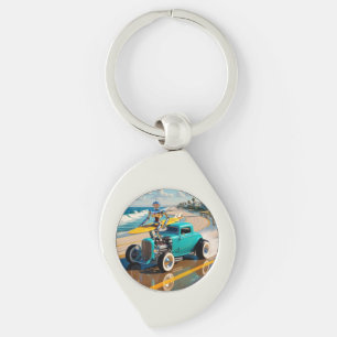 vintage robot with a surfboard , on the beach key ring