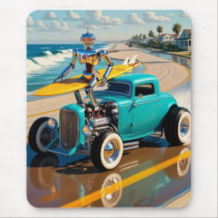 vintage robot with a surfboard , on the beach mouse mat