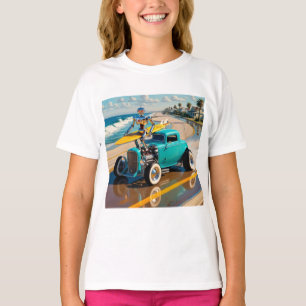 vintage robot with a surfboard , on the beach T-Shirt