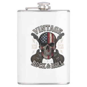 Vintage Rock Skull American Flag Guitar Retro Rock Hip Flask