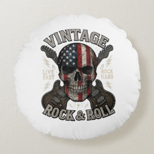 Vintage Rock Skull American Flag Guitar Retro Rock Round Cushion