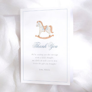 Vintage Rocking Horse Blue Gingham Baby Shower Thank You Card