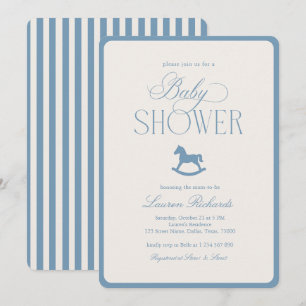 Vintage Rocking Horse Blue Stripes Boy Baby Shower Invitation