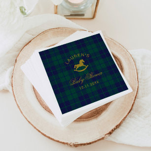 Vintage Rocking Horse Gold Plaid Baby Shower Napkin