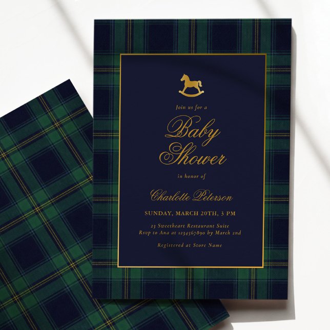 Vintage Rocking Horse Plaid Baby Shower Invitation (Creator Uploaded)