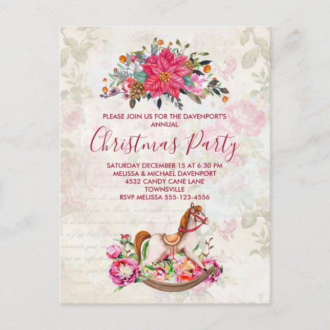 Vintage Rocking Horse & Poinsettia Christmas Party Postcard (Front)