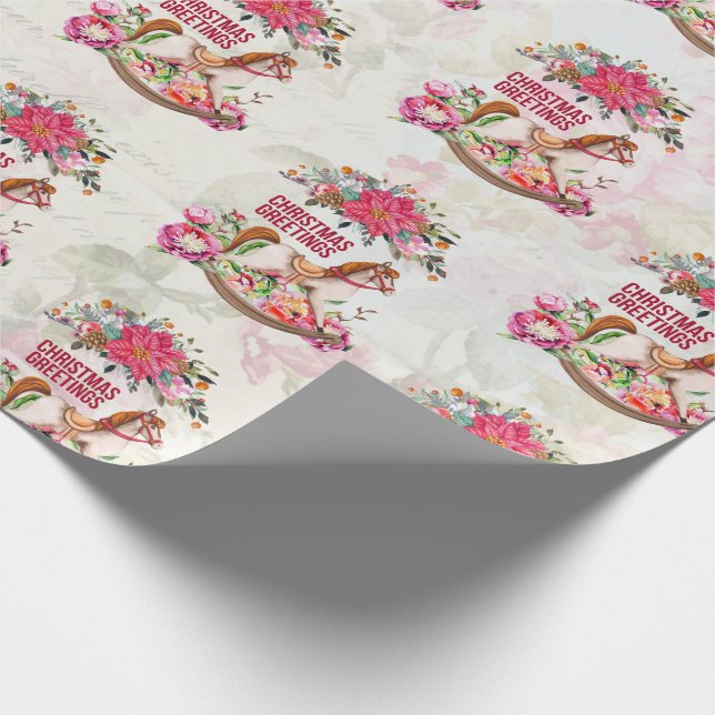 Vintage Rocking Horse & Poinsettia Pattern Wrapping Paper (Corner)