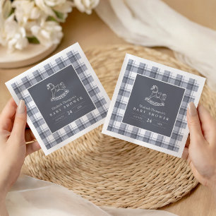 Vintage Rocking Horse Preppy Gingham Baby Shower Napkin