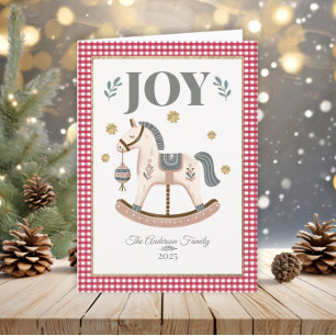 Vintage Rocking Horse Red Gingham Heirloom Joy Holiday Card