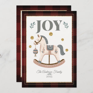 Vintage Rocking Horse Red Plaid Heirloom Joy Holiday Card