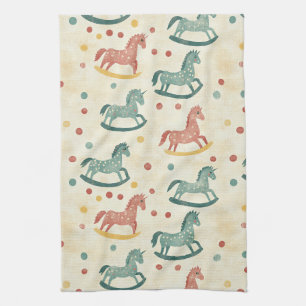 Vintage Rocking Horse Rust Plaid Nursery Pattern Tea Towel