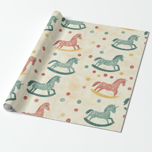 Vintage Rocking Horse Rust Plaid Nursery Pattern Wrapping Paper