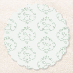 Vintage rocking horse Toile Sage green baby shower Paper Coaster