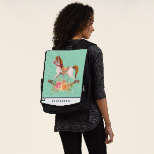 Vintage Rocking Horse with Floral Bouquet Backpack