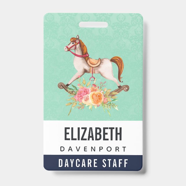 Vintage Rocking Horse with Floral Bouquet ID Badge (Front)