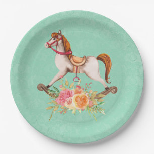 Vintage Rocking Horse with Floral Bouquet Paper Plate