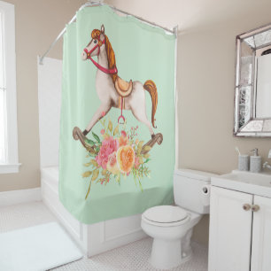 Vintage Rocking Horse with Floral Bouquet Shower Curtain