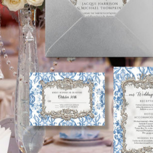 Vintage Rococo Blue White Silver Floral Wedding RSVP Card