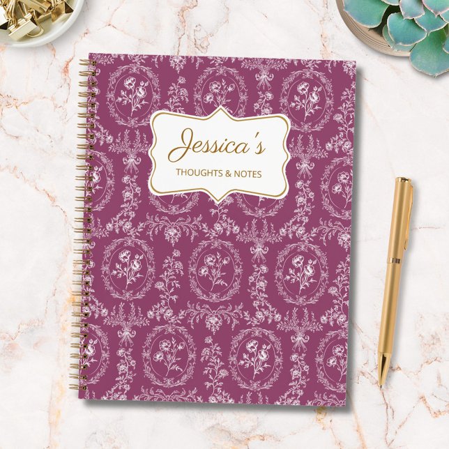 Vintage Rococo Flowers Floral Personalised Name Notebook (In situ)