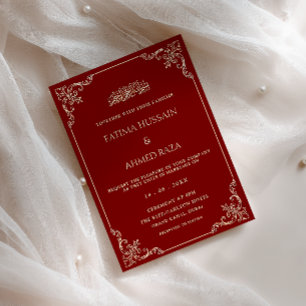 Vintage Rococo Frame Gold Burgundy Muslim Wedding Invitation