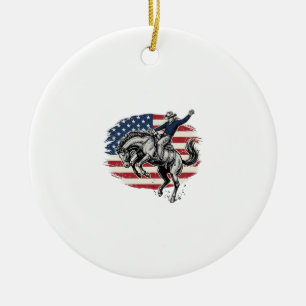 Vintage Rodeo Cowboy Patriotic Horse Rider Vector_ Ceramic Tree Decoration