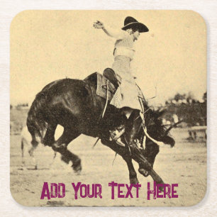 Vintage Rodeo Cowgirl on Bucking Photo Square Paper Coaster