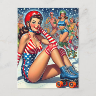 Vintage Roller Girl Illustration Postcard