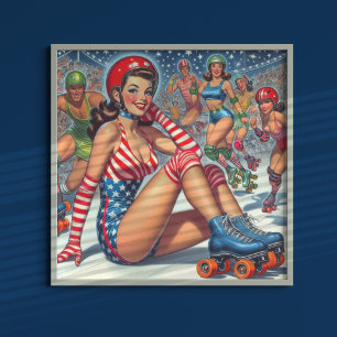 Vintage Roller Girl Illustration Poster