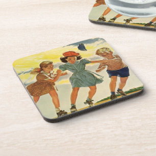 Vintage Roller Skating Fun Children Boys and Girls Coaster