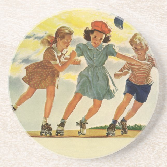 Vintage Roller Skating Fun Children Boys and Girls Coaster (Front)