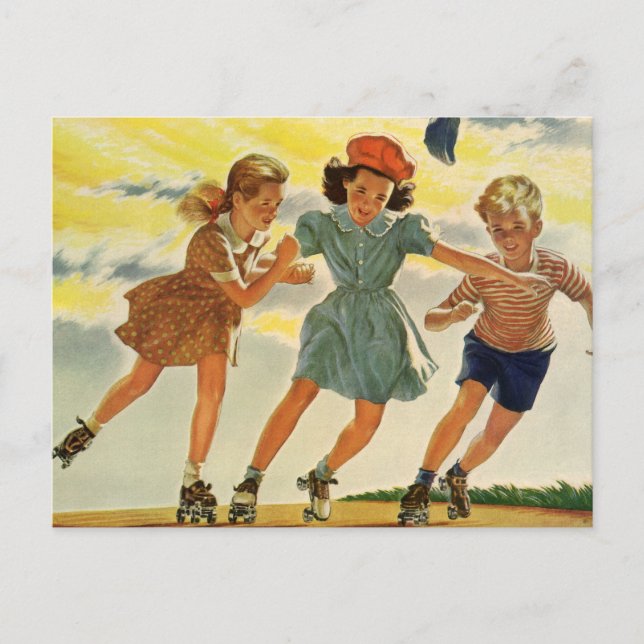 Vintage Roller Skating Fun Children Boys and Girls Postcard (Front)