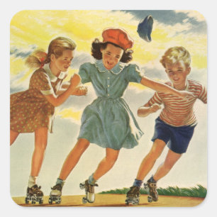Vintage Roller Skating Fun Children Boys and Girls Square Sticker