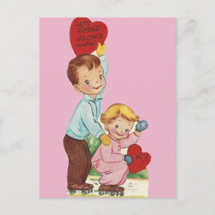 Vintage Roller Skating Valentine Holiday Postcard