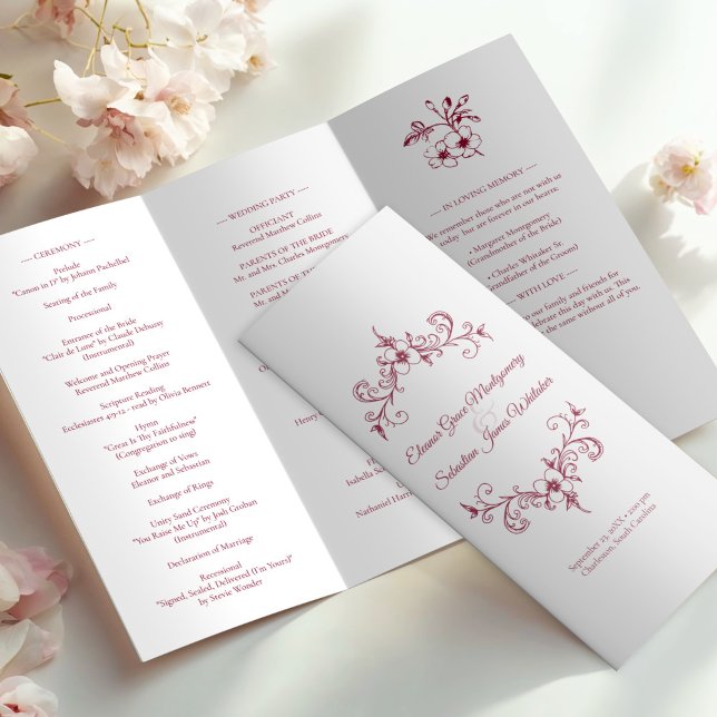 Vintage Romance Burgundy Wedding Trifold Program (Creator Uploaded)