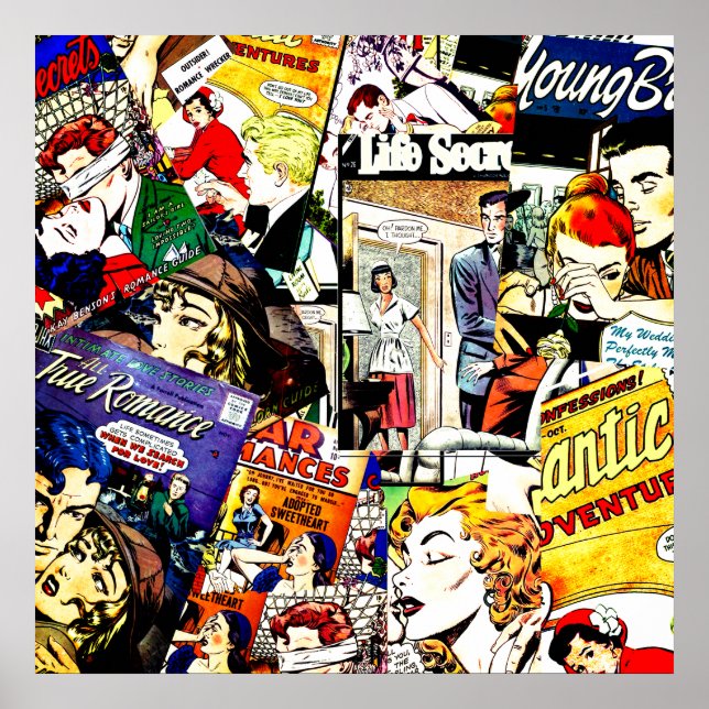 Vintage Romance Comic Book Cover Collage Poster (Front)