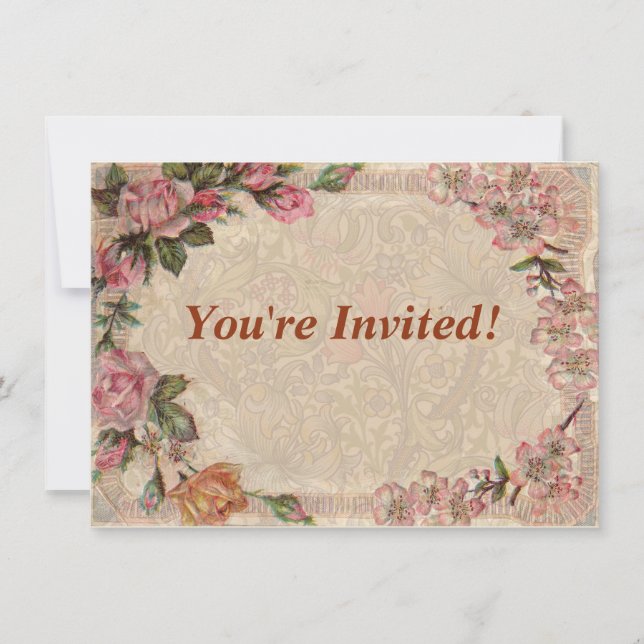  Vintage Romance Couple: Antique Roses Girly Love Invitation (Front)