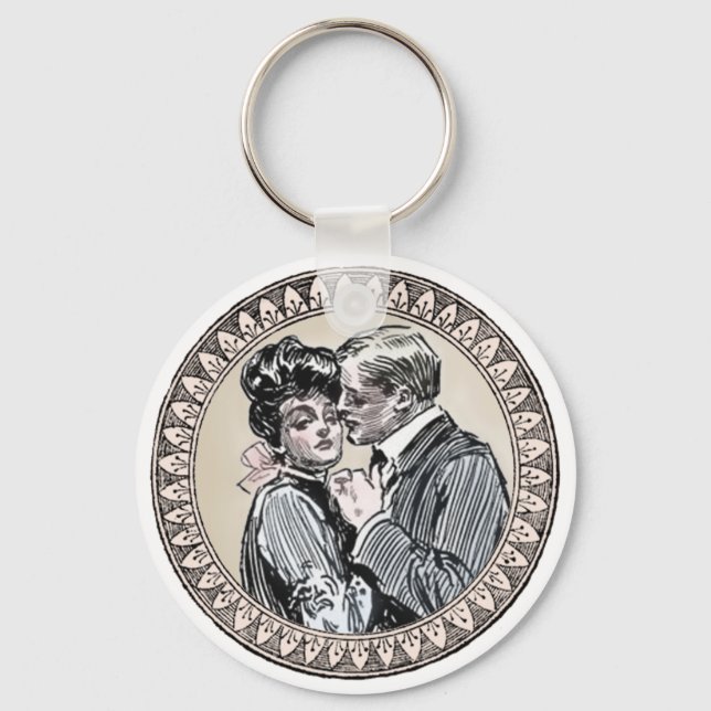  Vintage Romance Couple: Antique Roses Girly Love Key Ring (Front)