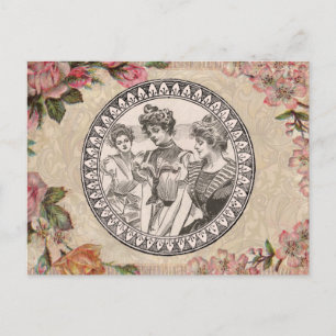  Vintage Romance Couple: Antique Roses Girly Love Postcard